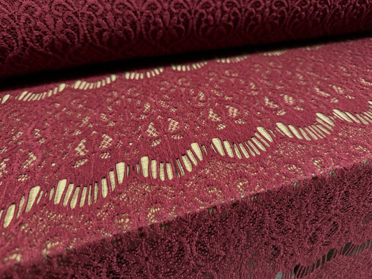 Crochet lace dress fabric, per metre - scalloped frill - burgundy