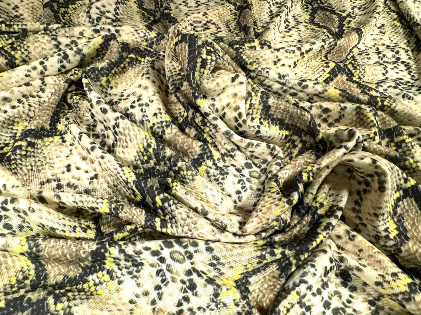 Soft touch stretch spandex jersey fabric, per metre - Snakeskin print - khaki & cream