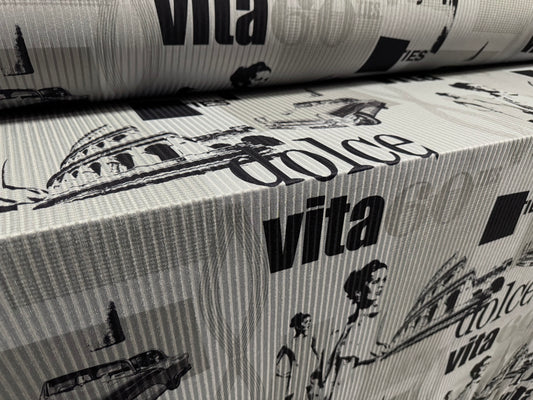 Stretch spandex rib jersey fabric, per metre - 60s retro Dolce Vita print - grey