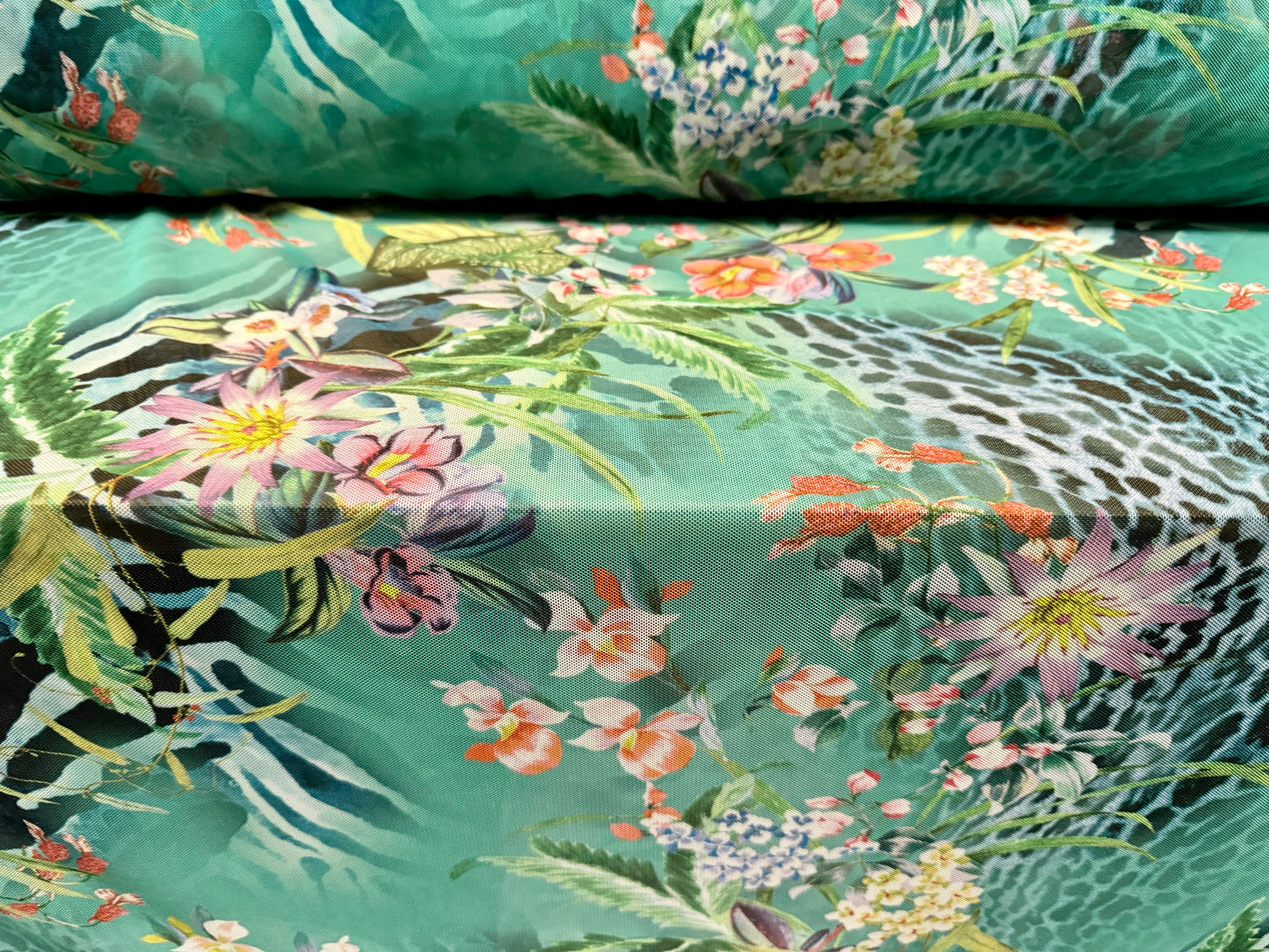 Power mesh net stretch spandex fabric, per metre - jungle flowers & animal print - jade green