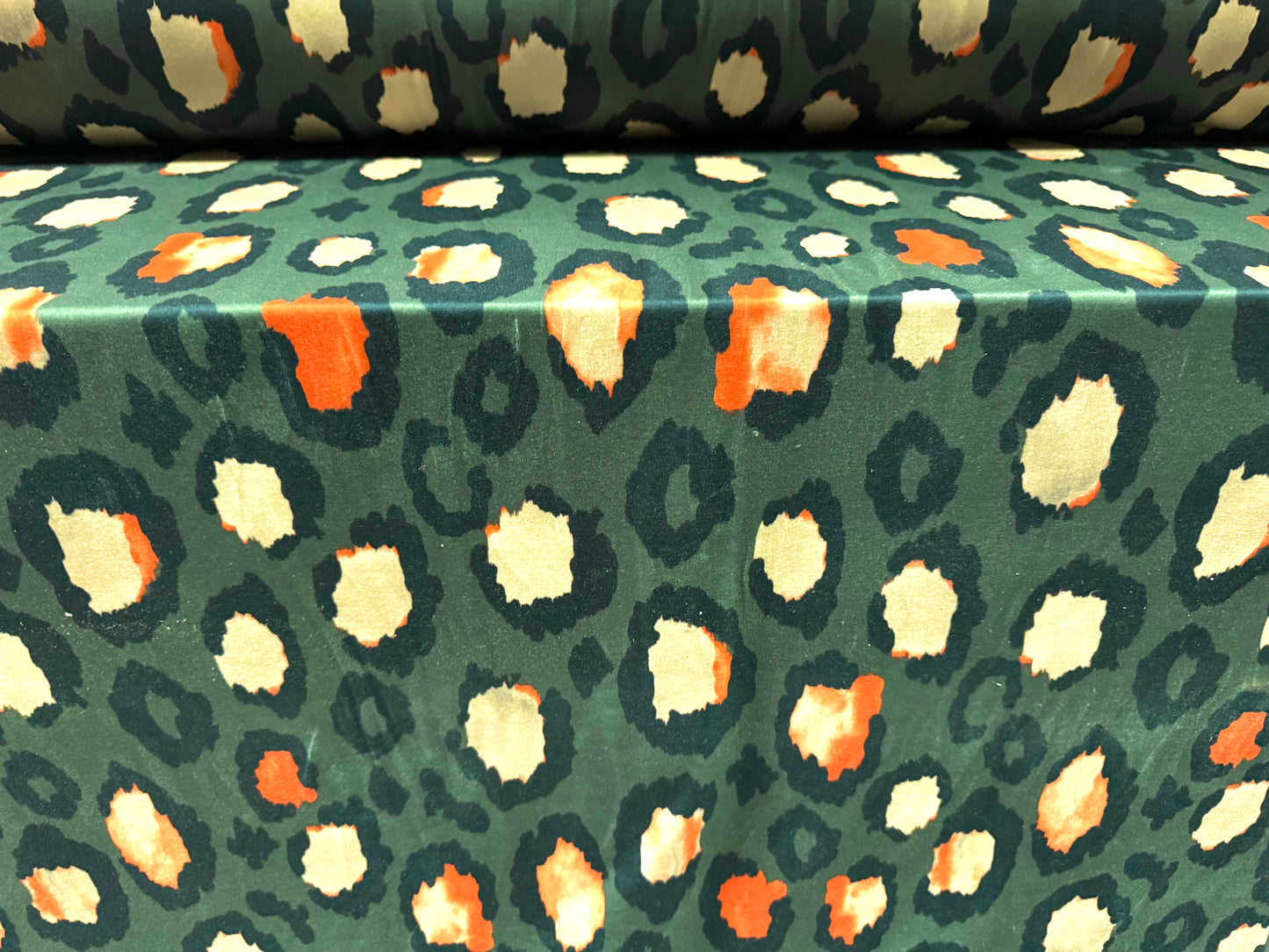 Stretch spandex interlock jersey fabric, per metre - jumbo animal print - olive green beige & orange
