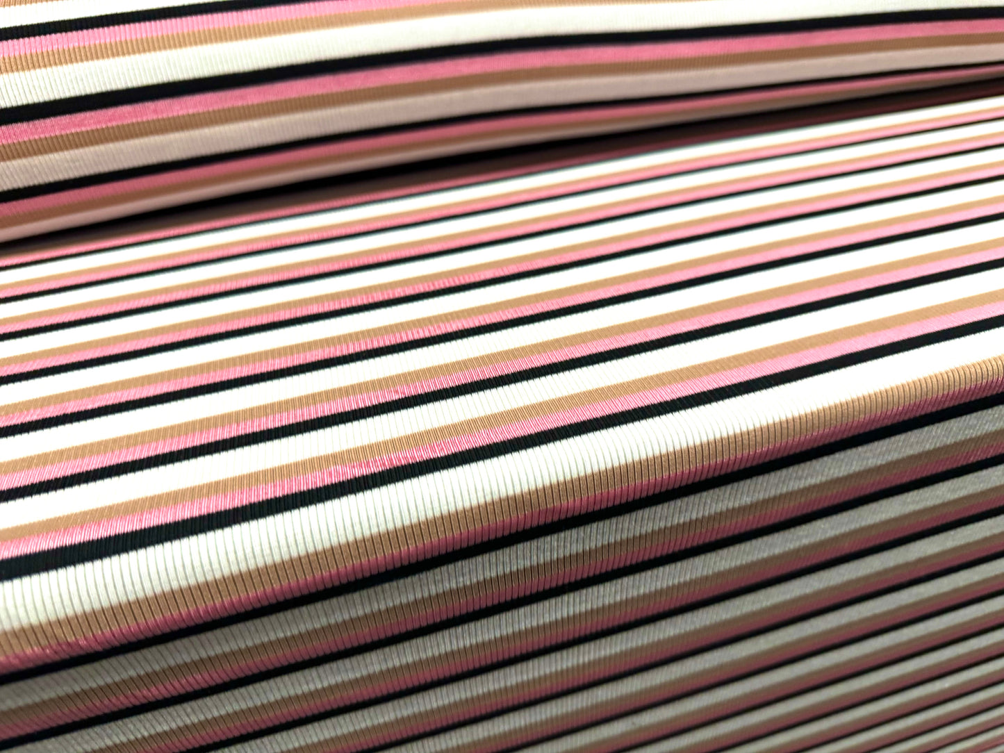 Stretch Spandex rib jersey fabric, per metre - stripe - ivory, camel & pink