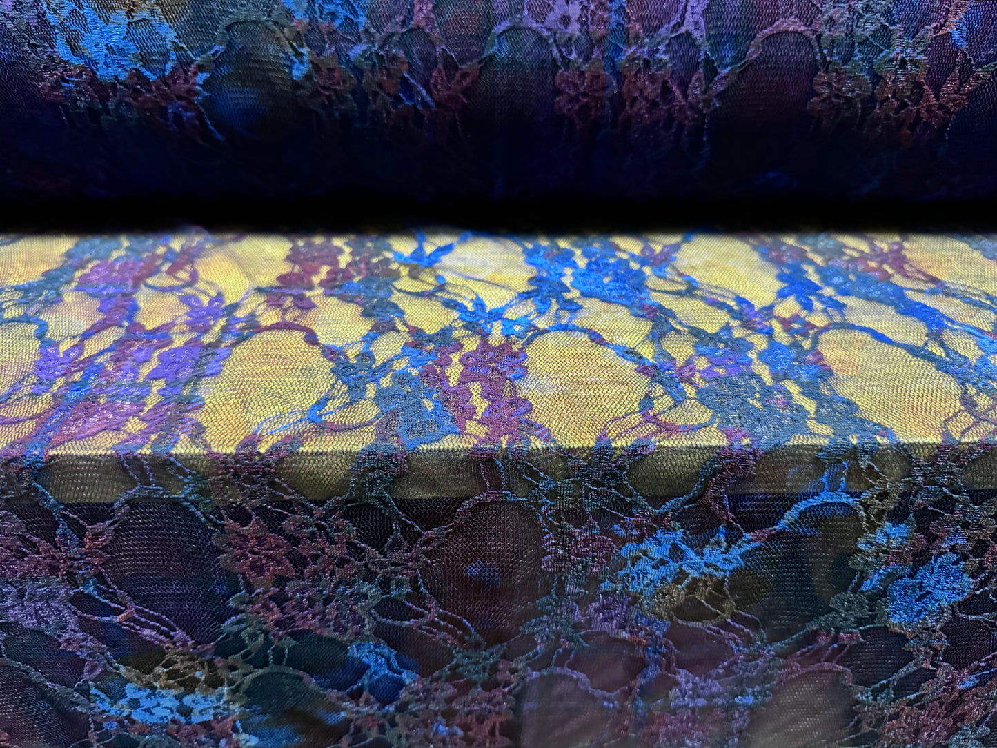 Stretch spandex mesh lace fabric, per metre - flowers on tartan print - blue & purple