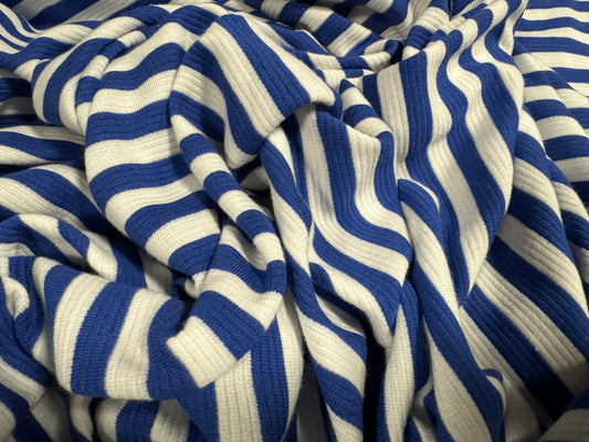 Ponte Roma double jersey knit stretch fabric, per metre - stripe - royal blue & white