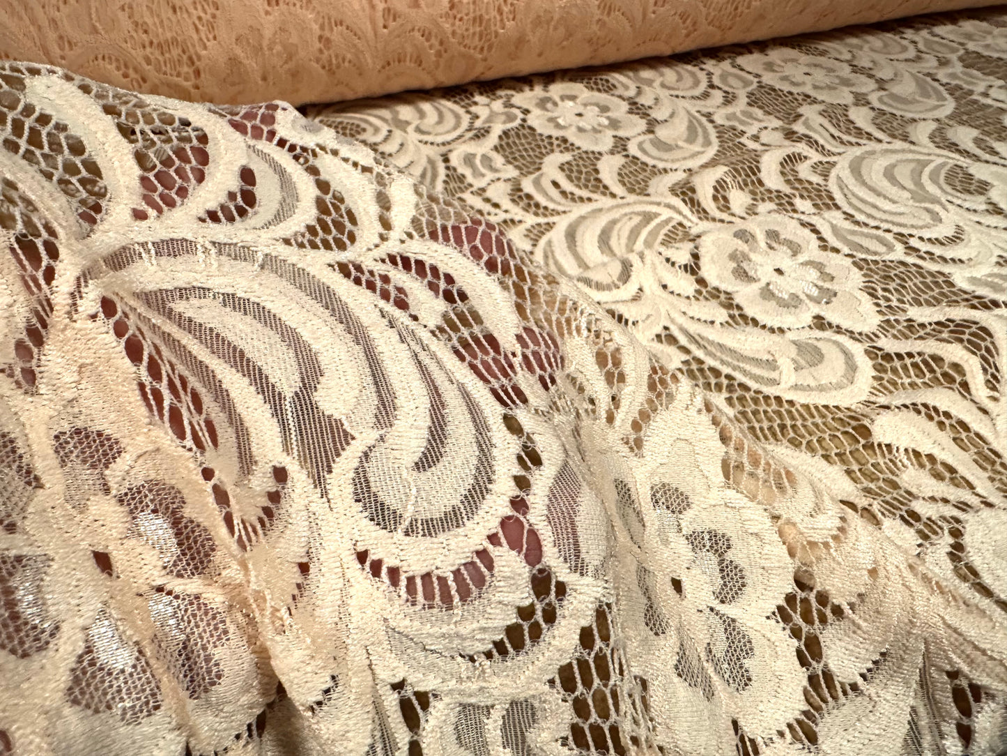 Soft stretch lace dress fabric, per metre - scalloped selvedge - flower design - peach