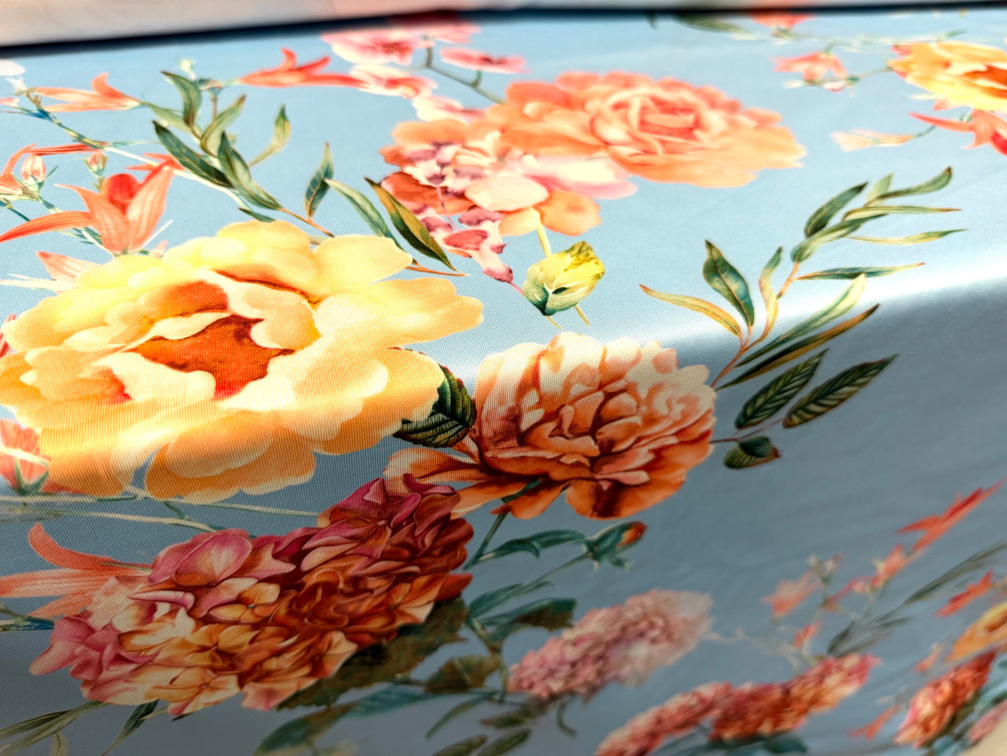 Scuba stretch spandex double jersey fabric, per metre - carnation floral print - sky blue