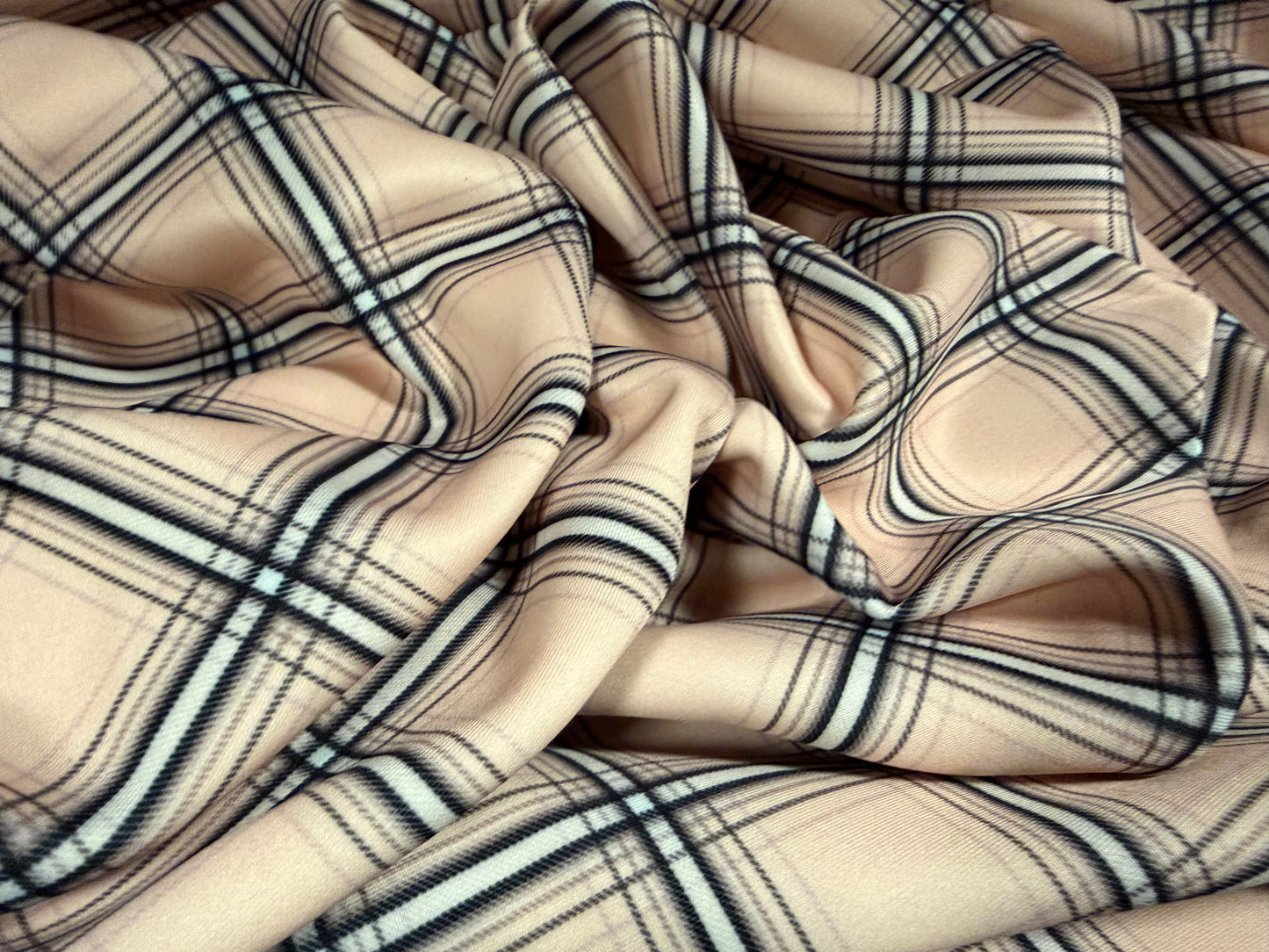 Scuba stretch double jersey fabric, per metre - tartan check print - peachy pink