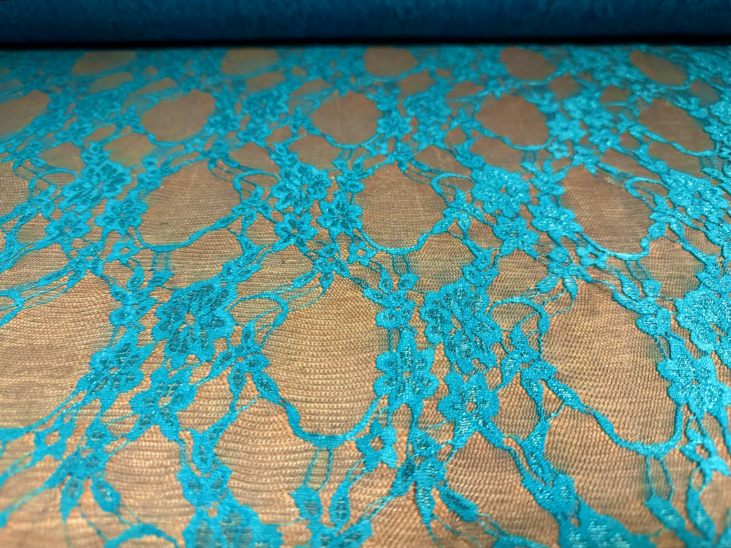 Stretch spandex mesh lace net fabric, per metre - floral pattern - turquoise blue