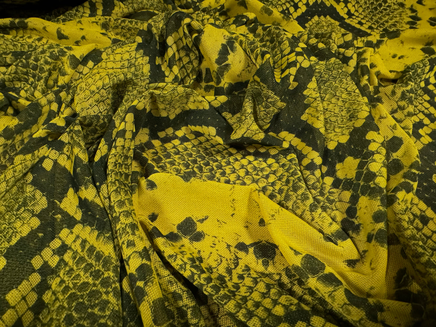 Power mesh net stretch spandex fabric, per metre - snakeskin animal print - mustard