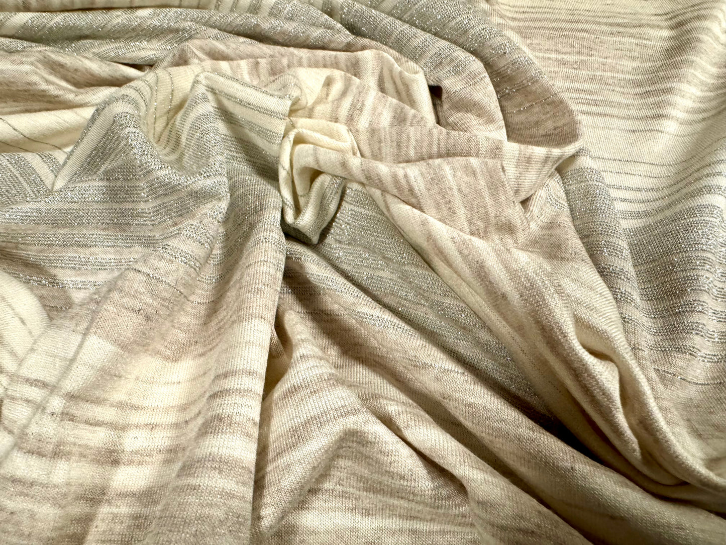 Metallic viscose spandex stretch single jersey fabric, per metre - variated stripe - cream & nude with silver lurex