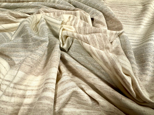 Metallic viscose spandex stretch single jersey fabric, per metre - variated stripe - cream & nude with silver lurex