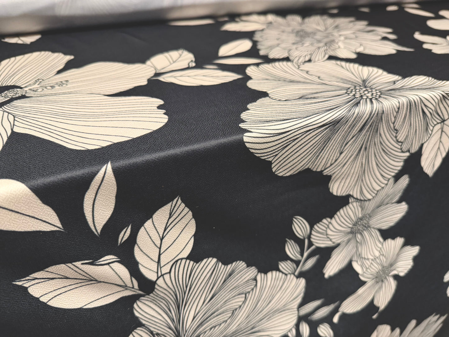 Valentino crepe stretch spandex jersey fabric, per metre - line art floral print - charcoal & ecru