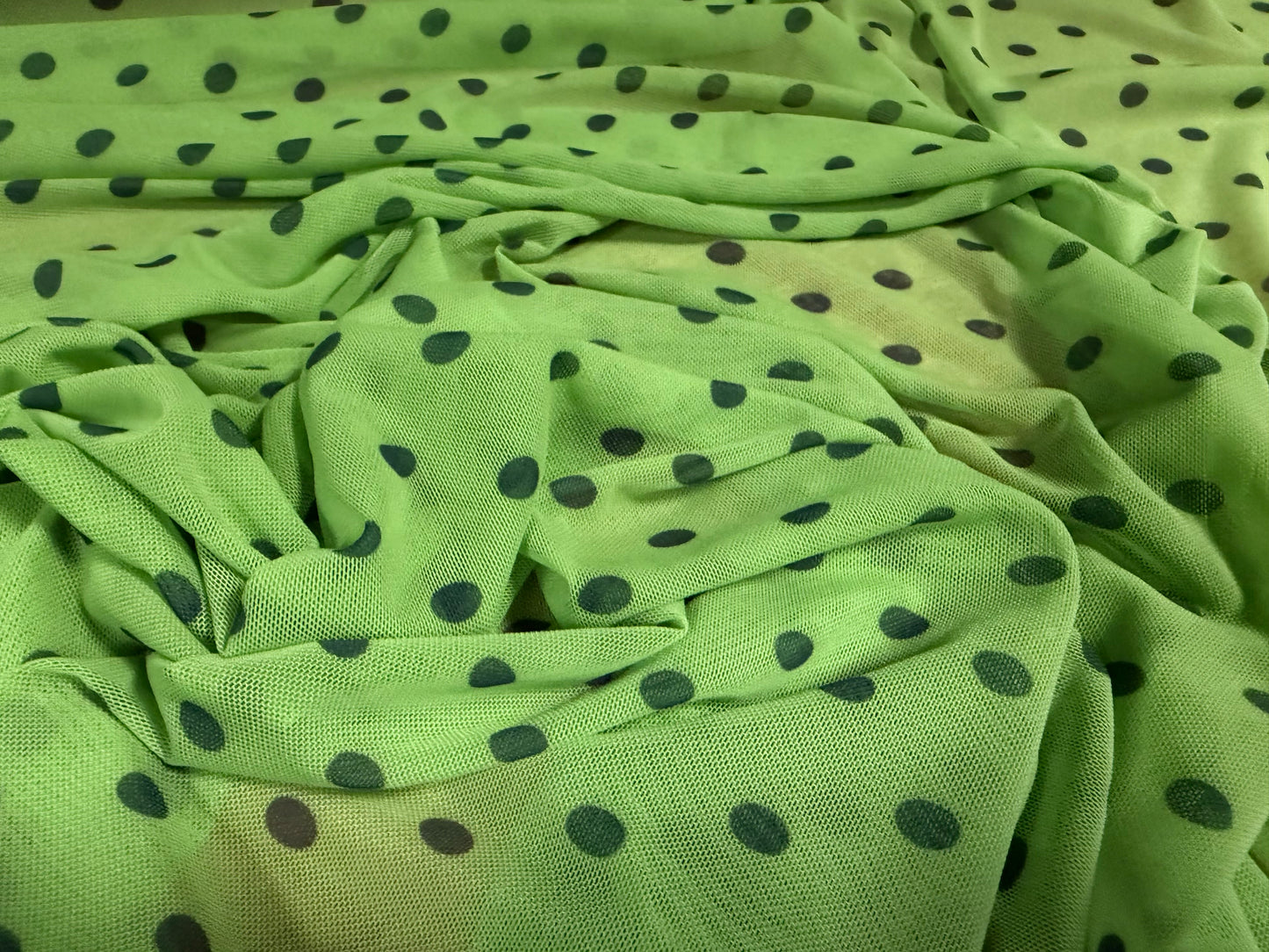 Power mesh net stretch spandex fabric, per metre - polka dot print - green