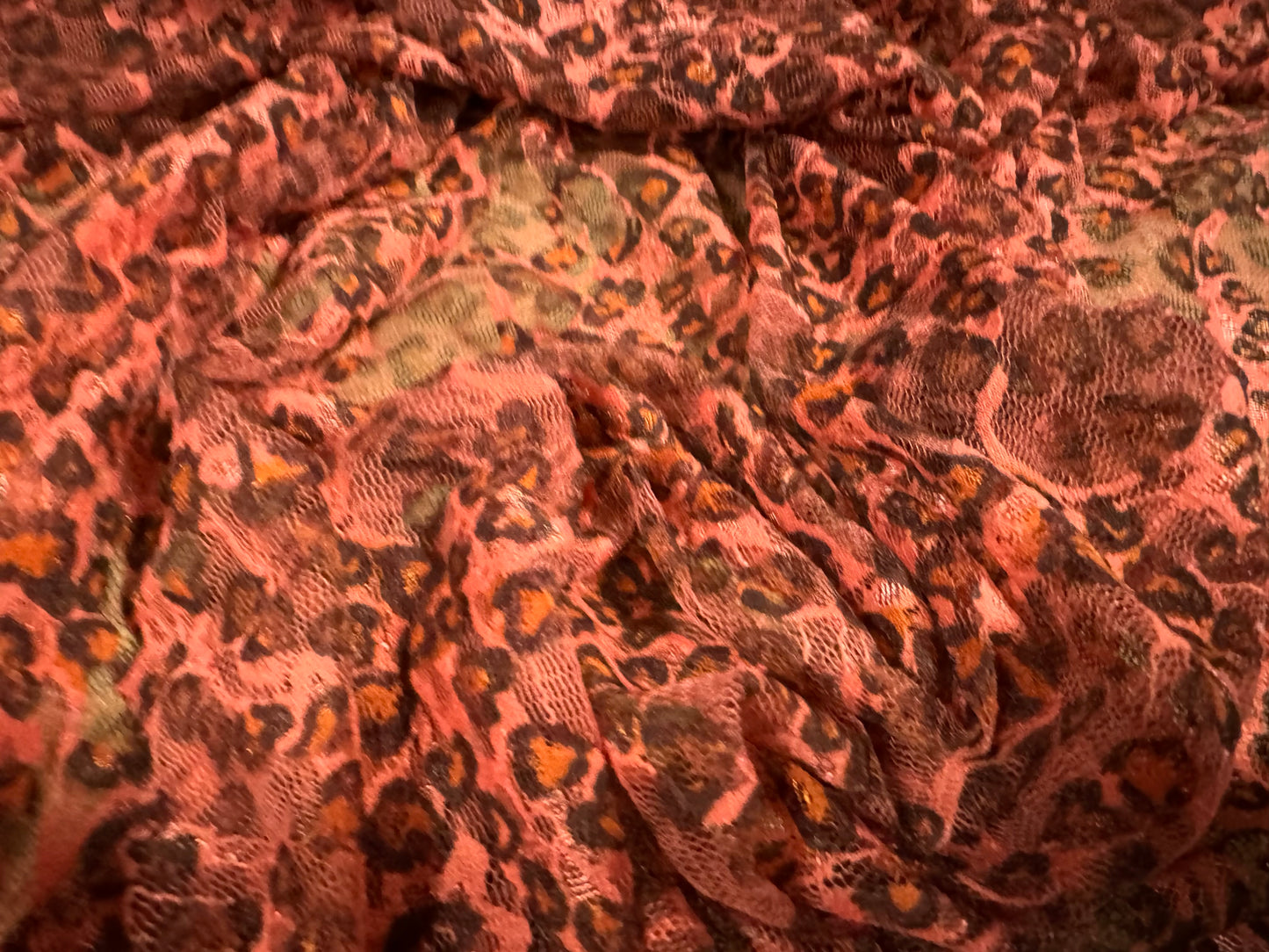 Stretch spandex mesh lace fabric, per metre - leopard animal print - coral