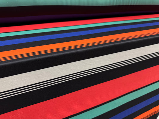 Stretch spandex interlock jersey fabric, per metre - multicolour stripes print