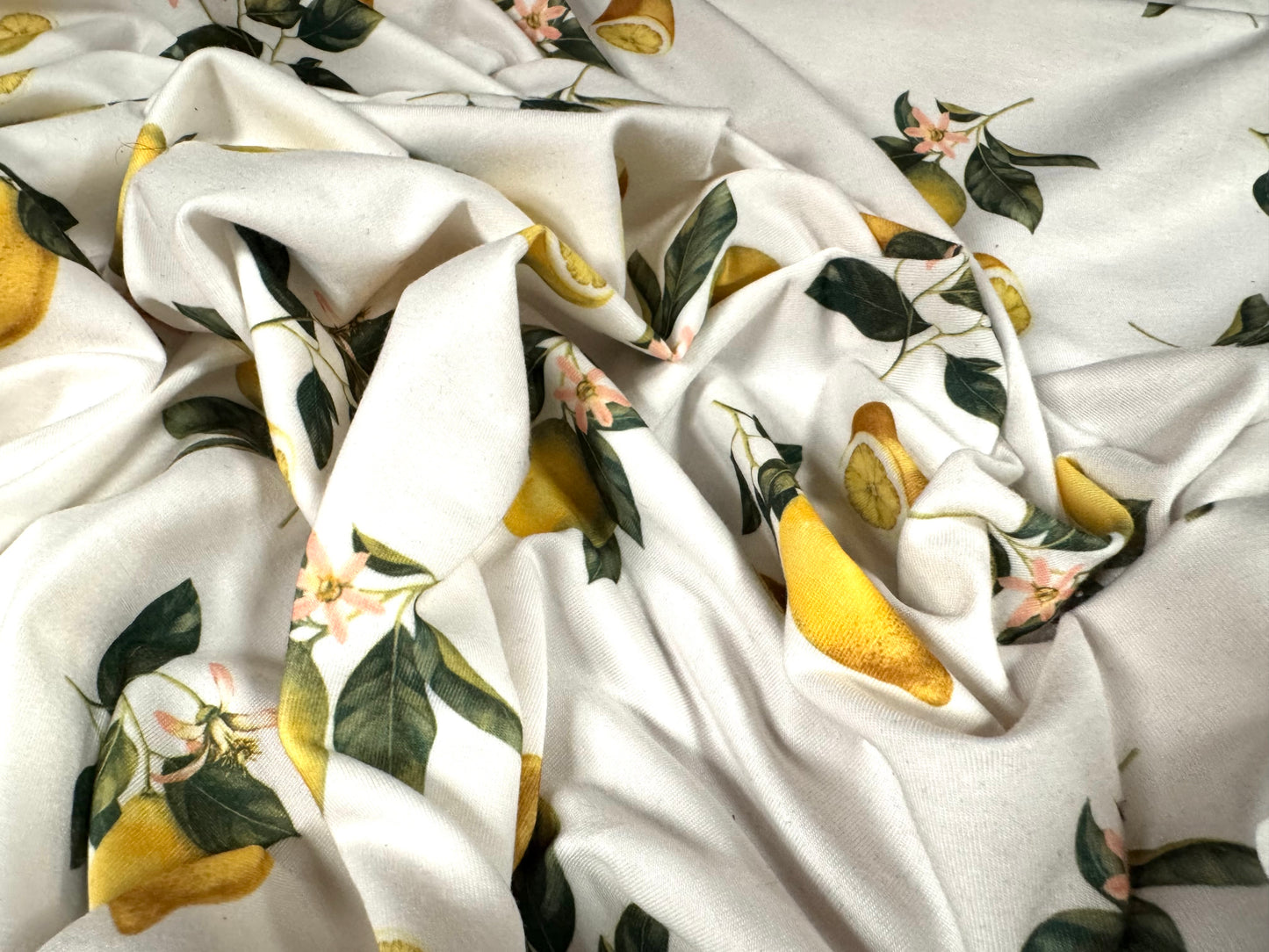 Stretch spandex interlock jersey fabric, per metre - lemons print - yellow & white