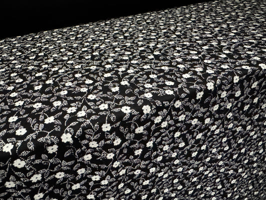 Viscose spandex stretch single jersey fabric, per metre - small ditsy flower print - black & white