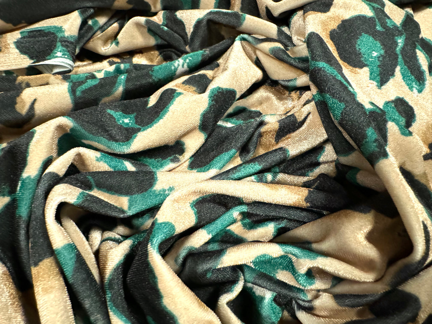 Spandex velvet stretch dress fabric, per mere - stylised cheetah print - light gold & emerald green