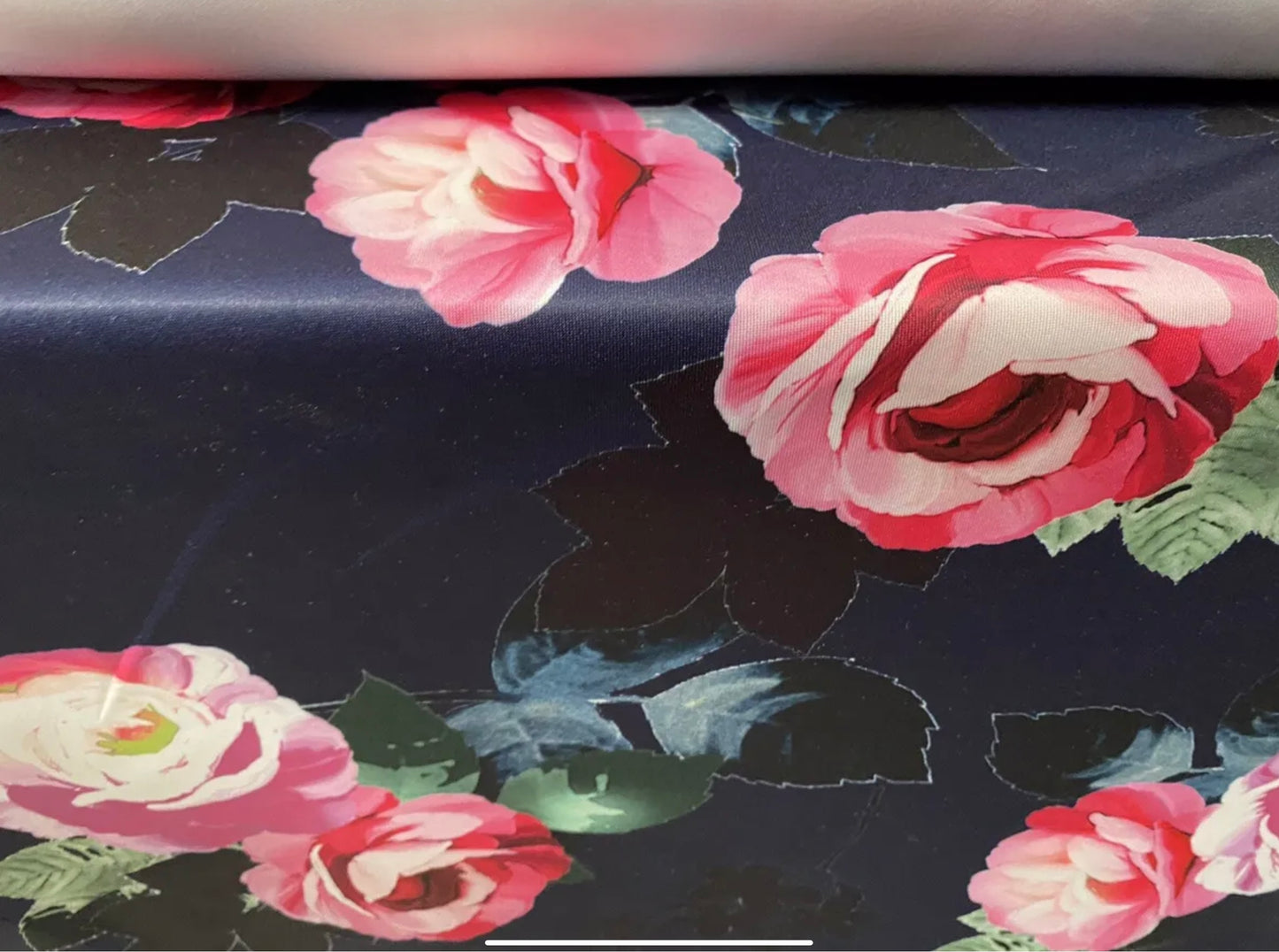 Scuba stretch spandex double jersey dress fabric, per metre - rose outline flower print - navy blue & pink