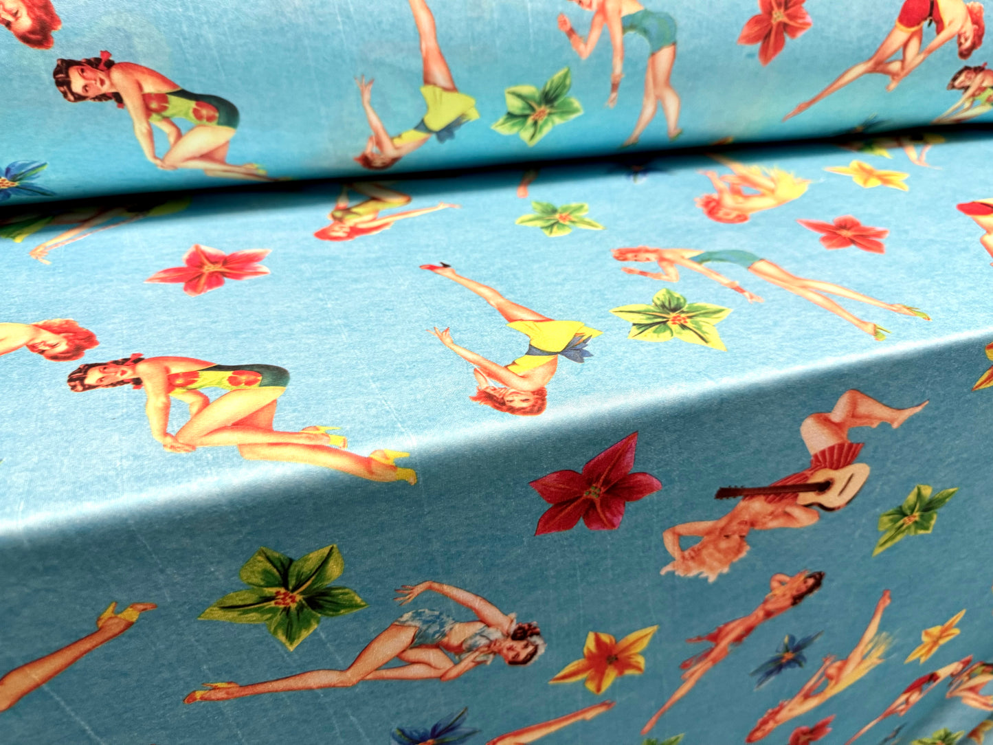 DTY stretch spandex single jersey fabric, per metre - retro 50s model print - distressed sky blue