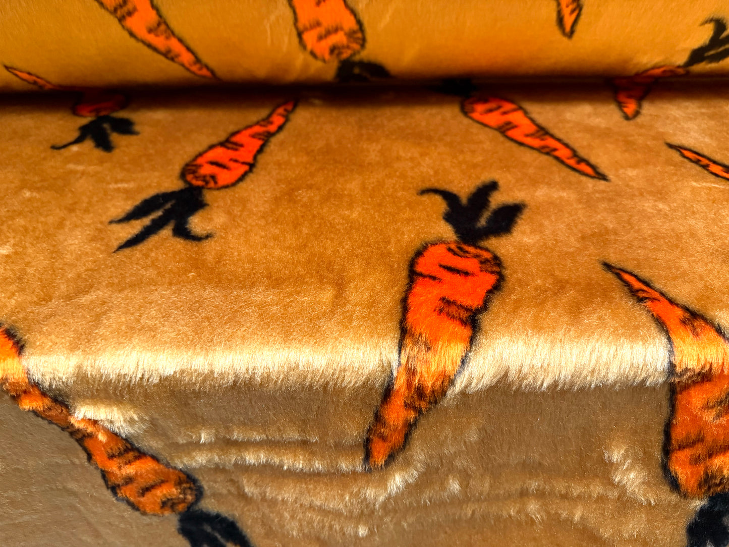 Faux fur fabric, per metre - carrot novelty print - orange & gold