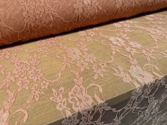 Stretch spandex mesh lace net fabric, per metre - floral pattern - dusky pink