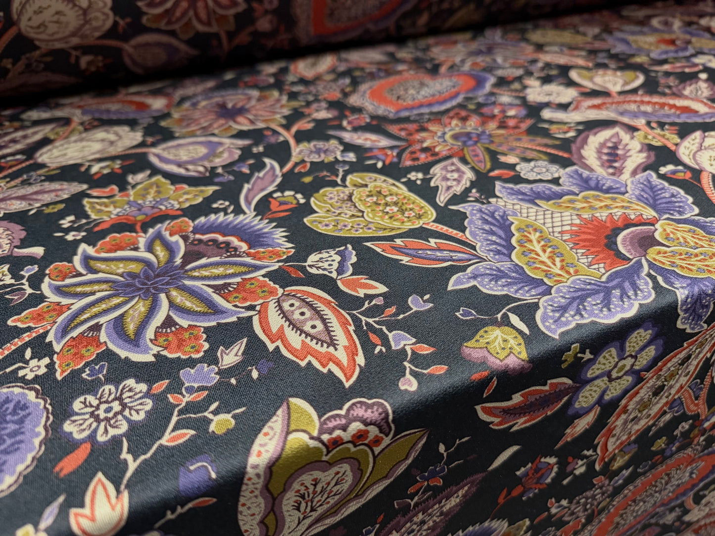 Stretch spandex crepe jersey fabric, per metre - botanical print - black rust & violet