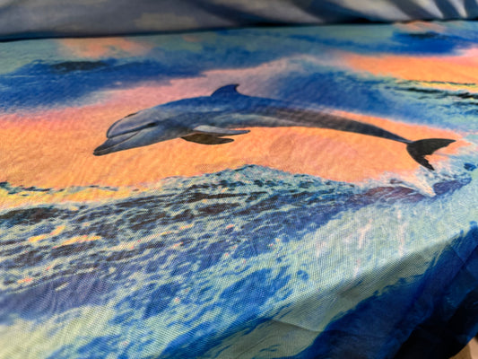 Power mesh net stretch spandex fabric, per metre - dolphins print - blue & peach