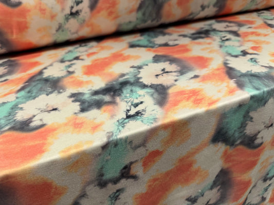 Stretch spandex interlock jersey fabric, per metre - watercolour floral print - peach & aqua