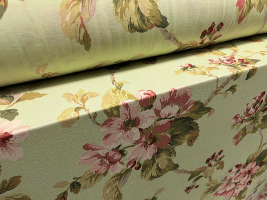 Soft handle stretch single jersey fabric, per metre - rambling rose flower print - green & pink