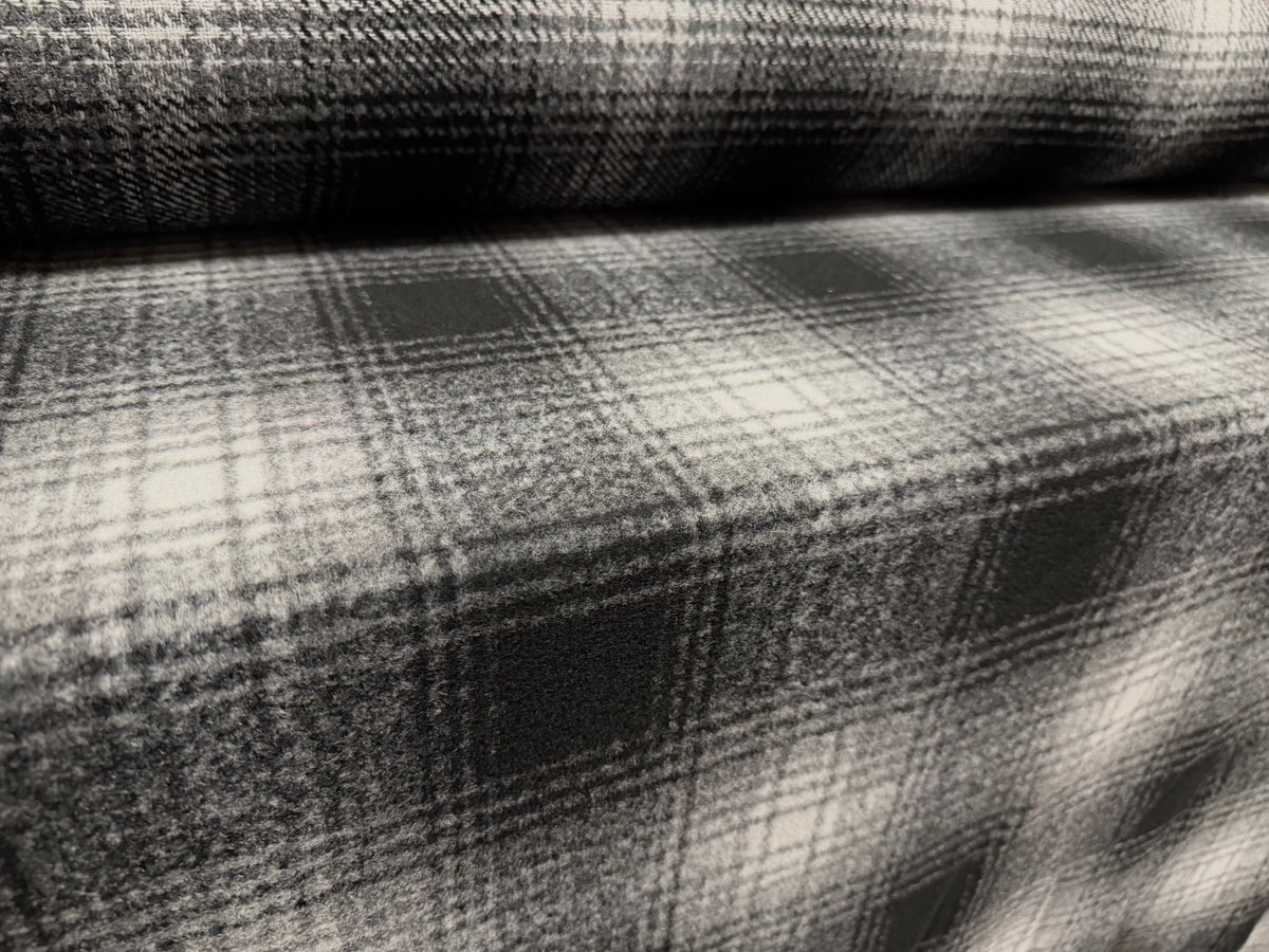 Wool flannel fabric, per metre - tartan check - black & grey
