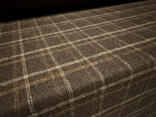 Wool flannel coat jacket fabric, per metre - checked - brown cream & orange