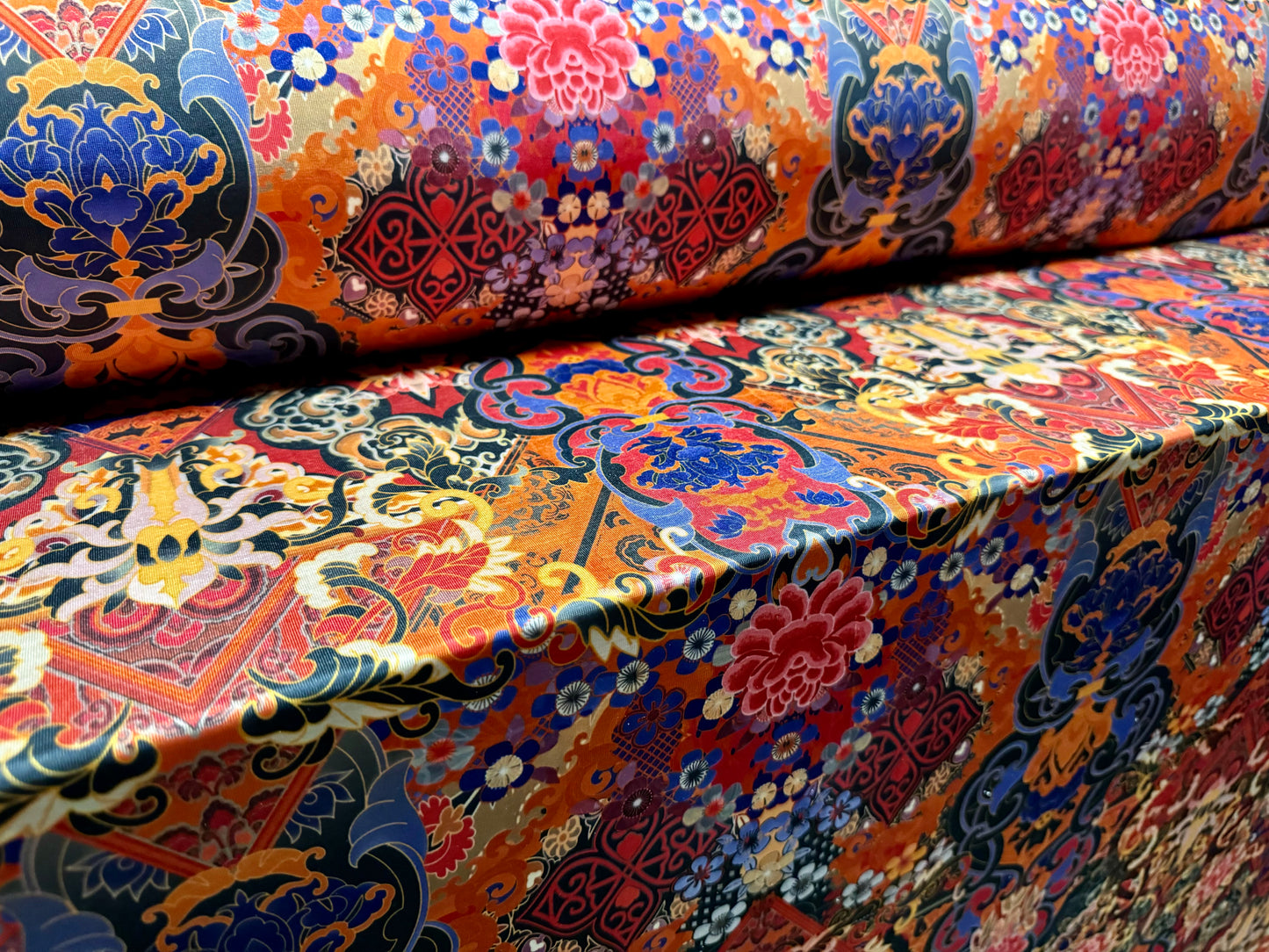 Disco shimmer stretch jersey fabric, per metre - Modern Damask print - orange & blue