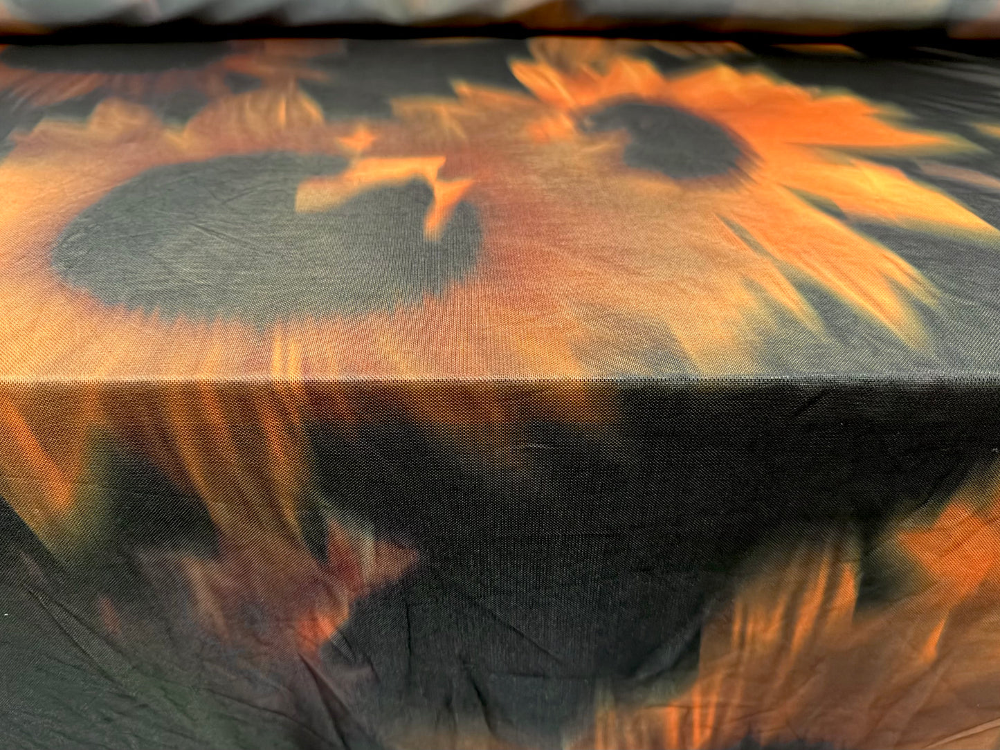 Power mesh net stretch spandex fabric, per metre - sunflower print - black & orange