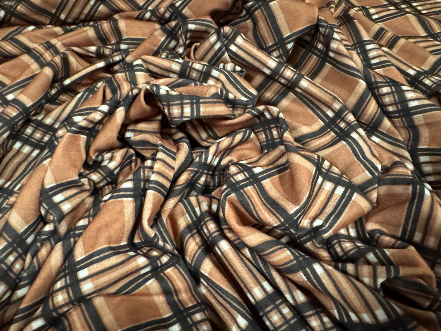 Soft handle stretch single jersey fashion fabric, per metre - tartan check print - hazelnut brown