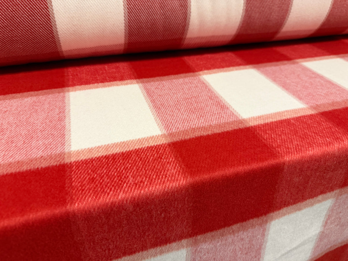 Heavyweight wool flannel fabric, per metre - buffalo check - red & white