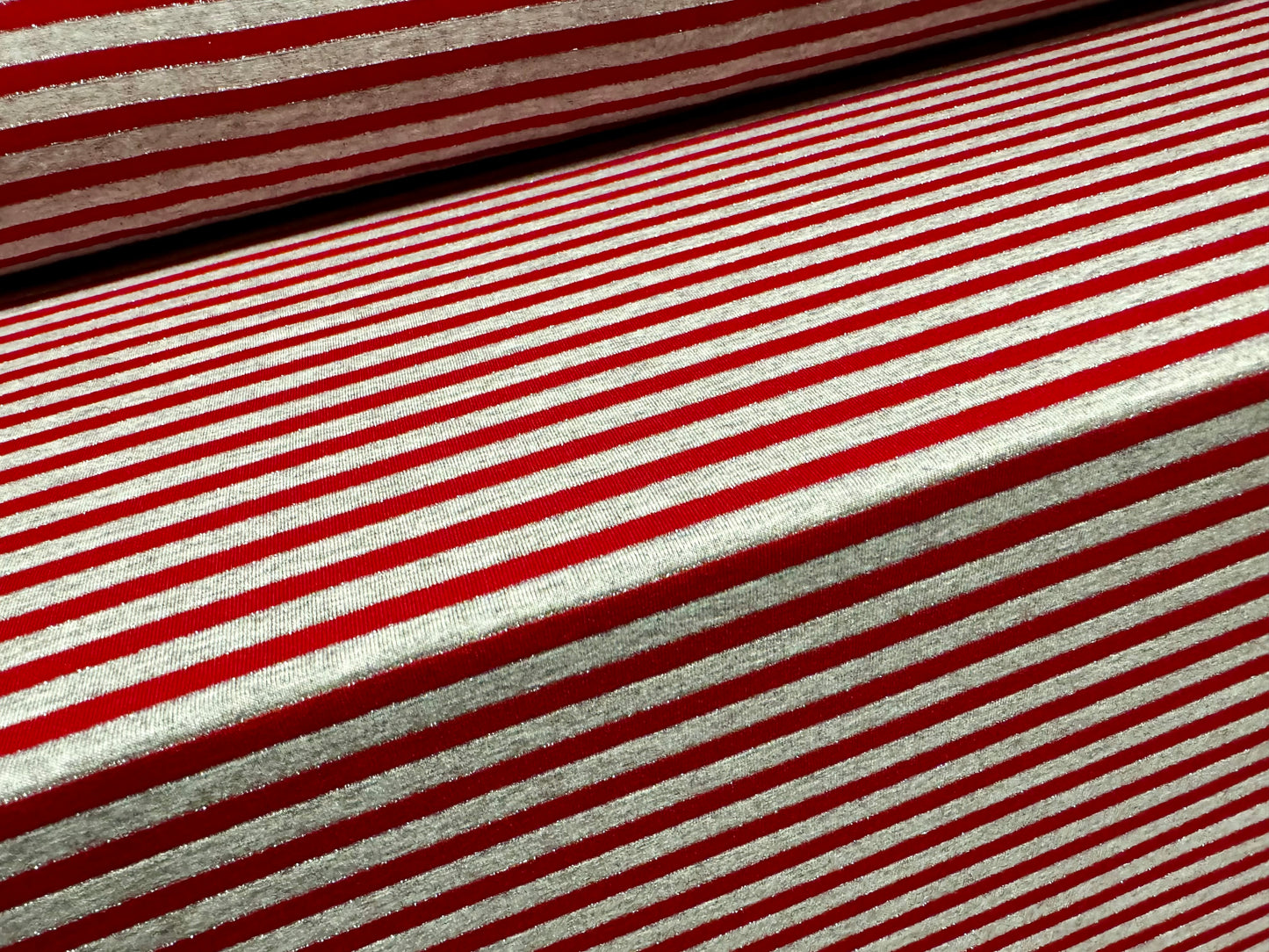 Metallic viscose spandex stretch single jersey fabric, per metre - stripe - grey marl & red with silver lurex