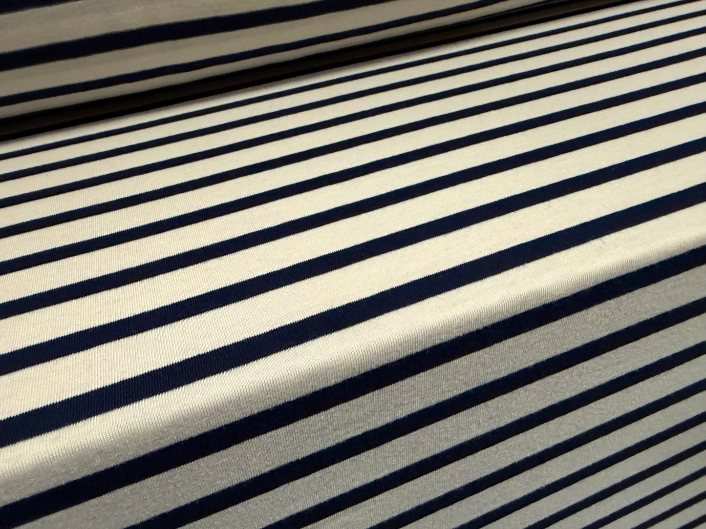 Viscose spandex stretch single jersey fabric, per metre - stripe - cream & dark navy