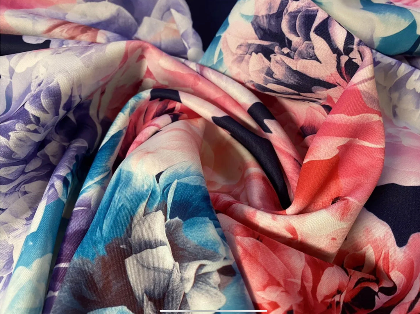 Scuba stretch spandex double jersey dress fabric, per metre - carnations flower print - navy blue, turquoise, lilac & pink