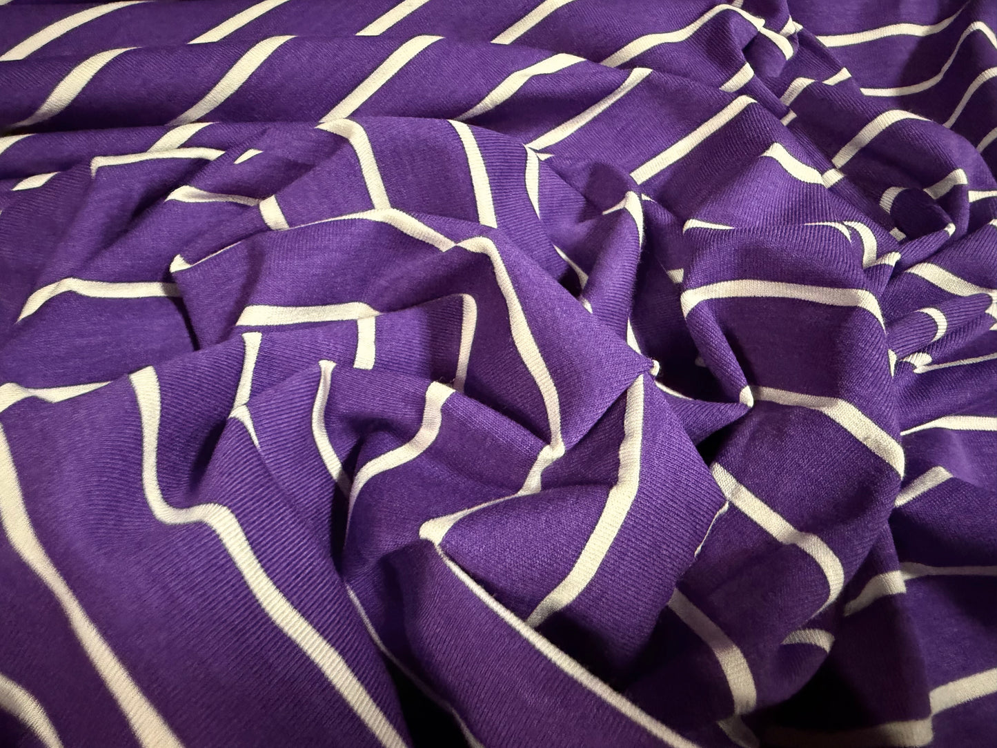 Viscose spandex stretch single jersey fabric, per metre - printed stripe - purple & white