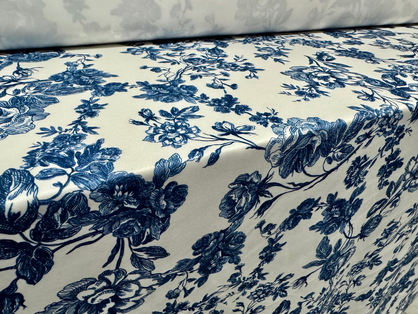 Scuba stretch spandex double jersey dress fabric, per metre - Toile De Jouy print - blue & white