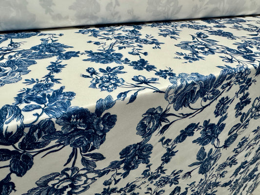 Scuba stretch spandex double jersey dress fabric, per metre - Toile De Jouy print - blue & white