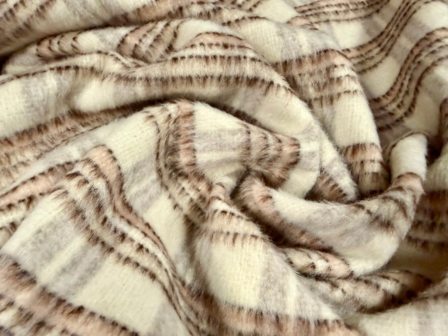 Wool faux fur fabric, per metre - check - cream & pink