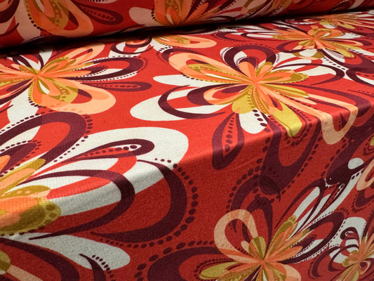 French Terry loopback sweatshirt jersey fabric, per metre - retro floral print - dark coral