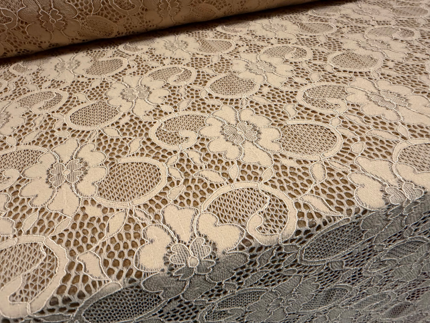 Corded stretch spandex lace fabric, per metre - floral - matte nude