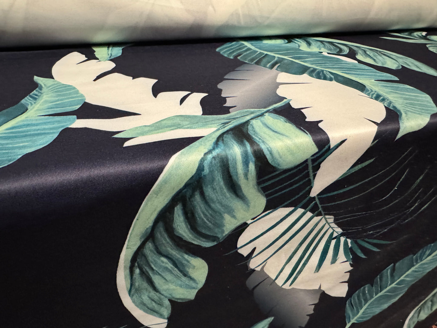 Scuba stretch spandex double jersey dress fabric, per metre - palm leaves print - midnight & jade