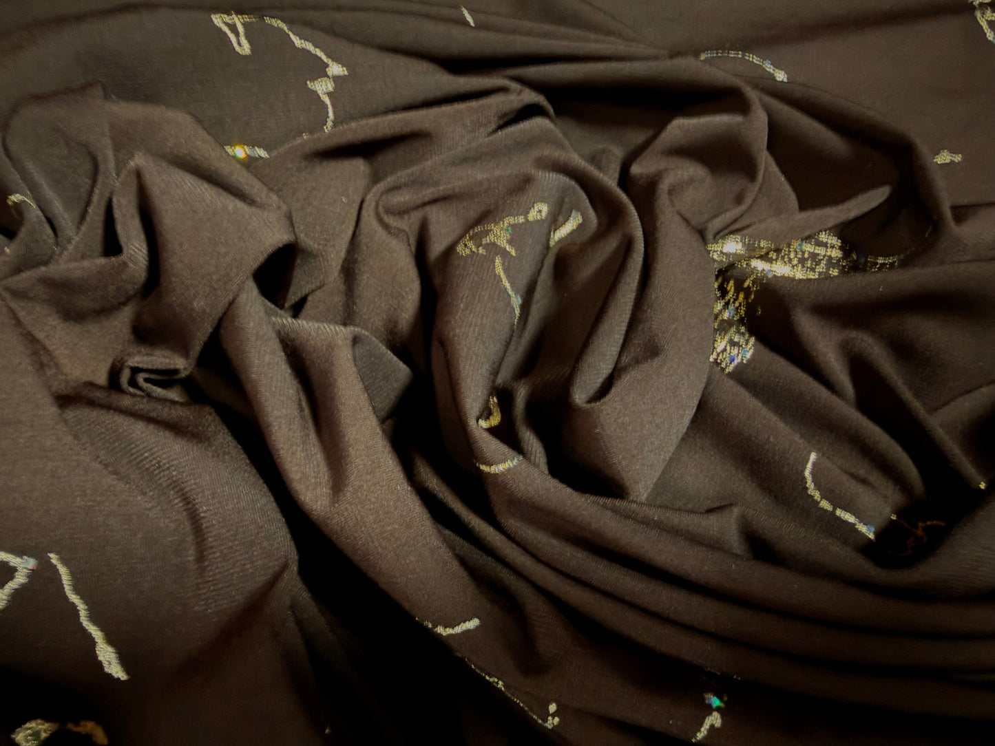 Metallic stretch single jersey fabric, per metre - abstract glitter print with sequins - dark brown & gold
