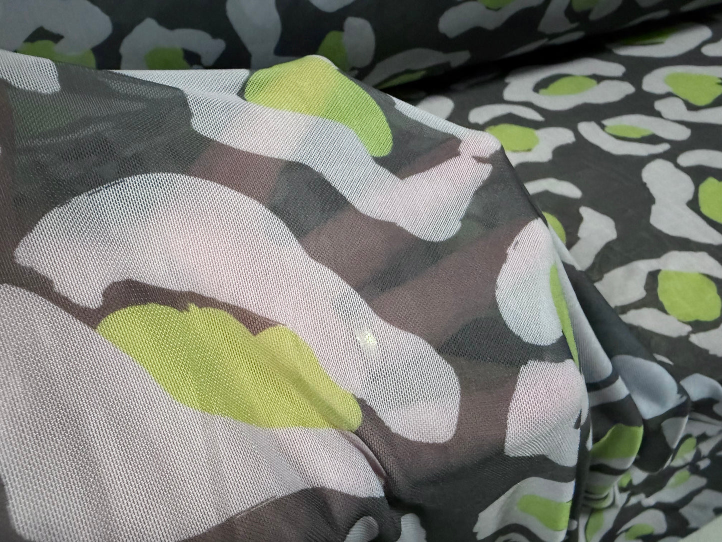 Power mesh net stretch spandex fabric, per metre - animal print - blue-grey & lime