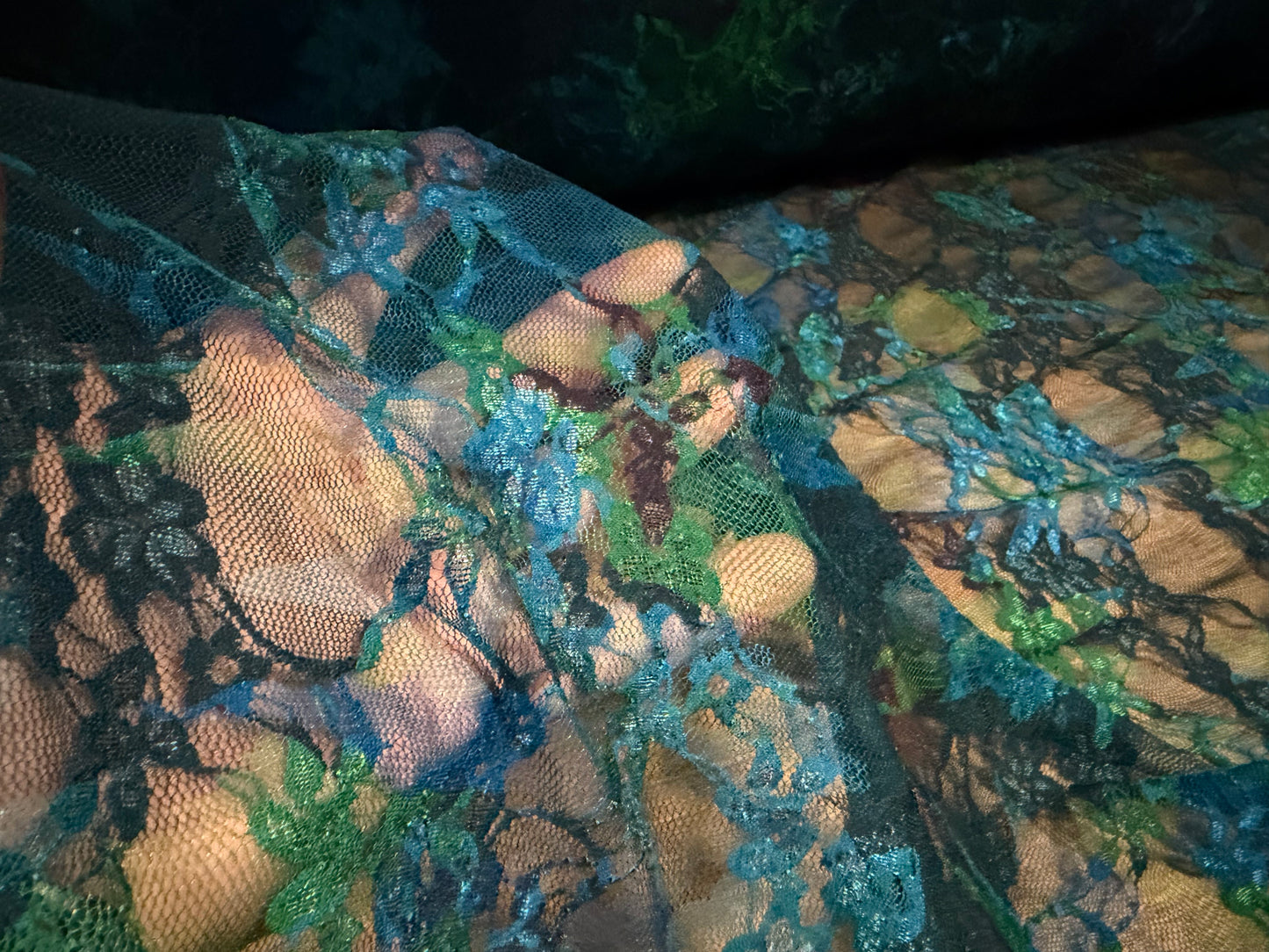 Stretch spandex mesh lace fabric, per metre - floral print - blue green & purple