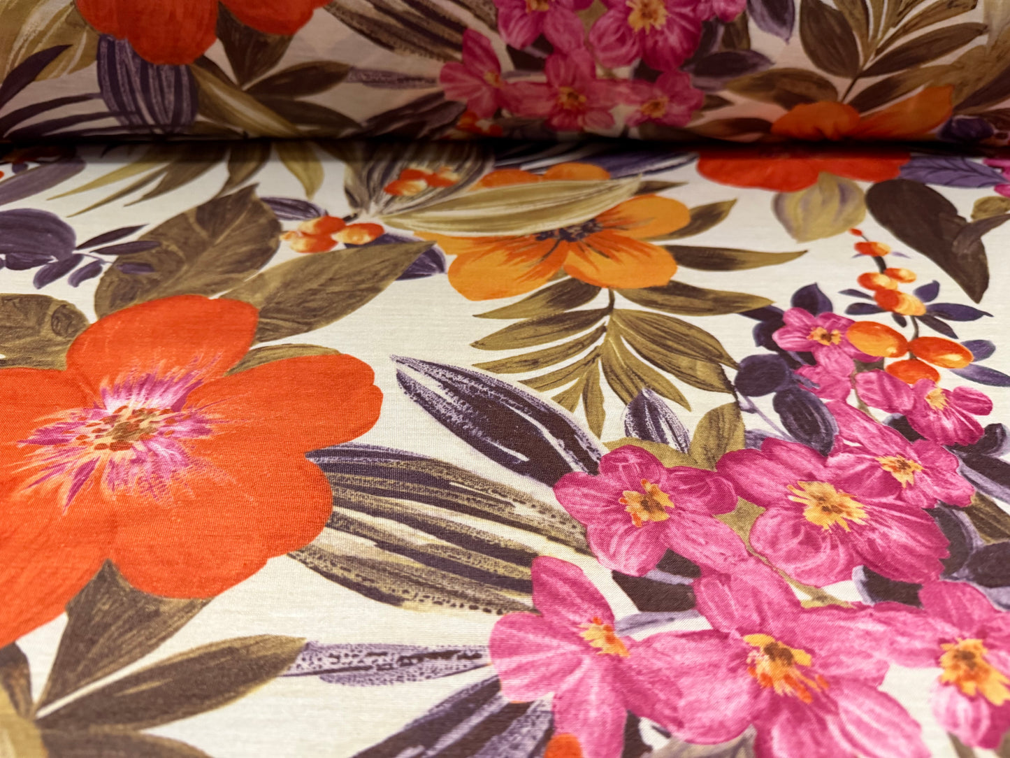Soft handle single jersey fabric, per metre - jungle flowers print - multicolour